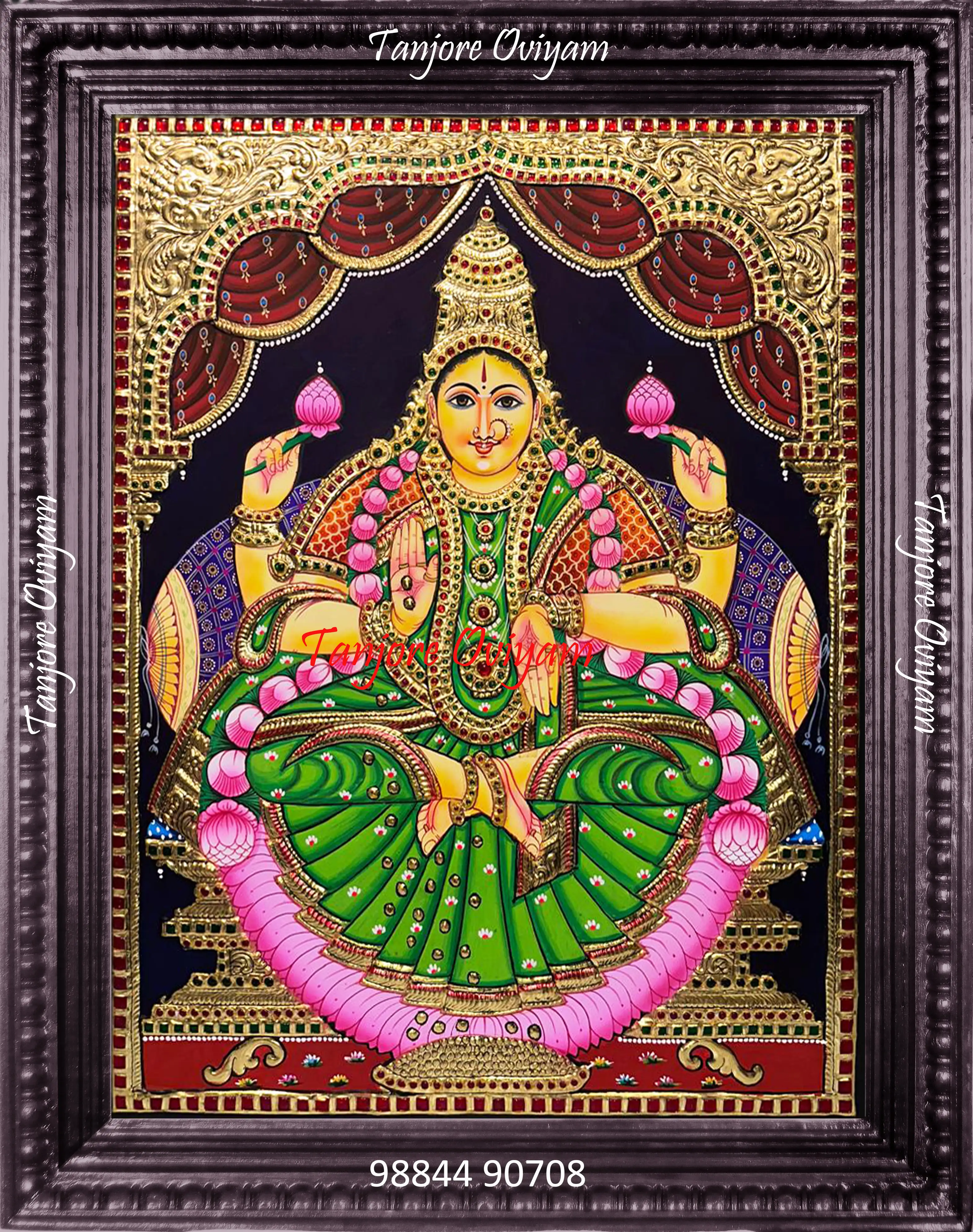 Mahalakshmi Tanjore painting seated on lotus gold foil traditional Lakshmi artwork
